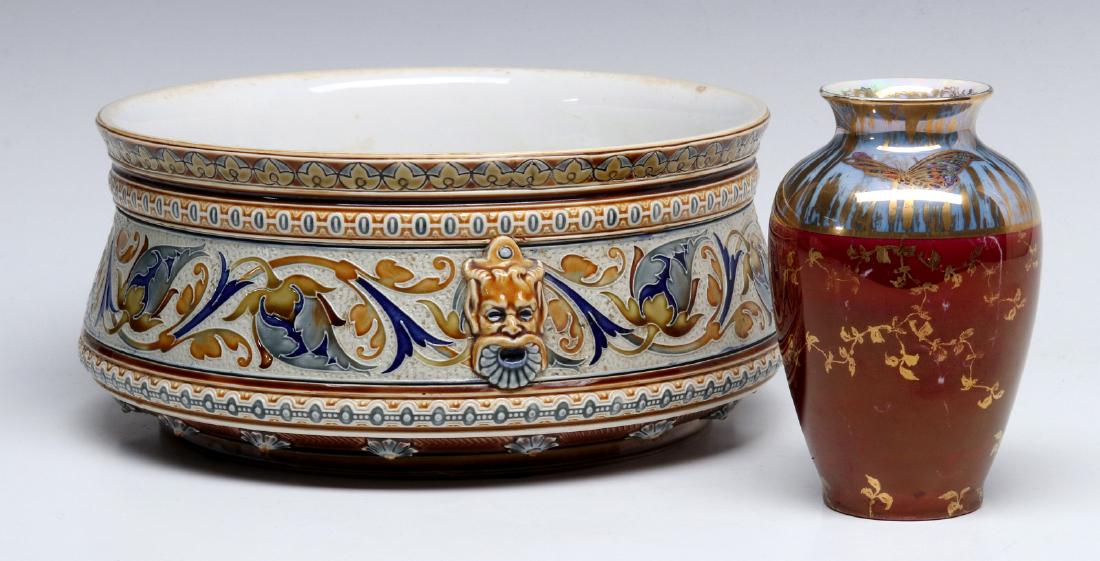 VILLEROY AND BOCH MOSAIC JARDINIERE WITH KPM VASE: The Villeroy and Bock mosaic jardiniere with satyr masks, plus a butterfly lustre vase signed KPM. Measures 5 x 3 and 4.25 x 9 inches. We happily provide seamless in-house packing and shipping service