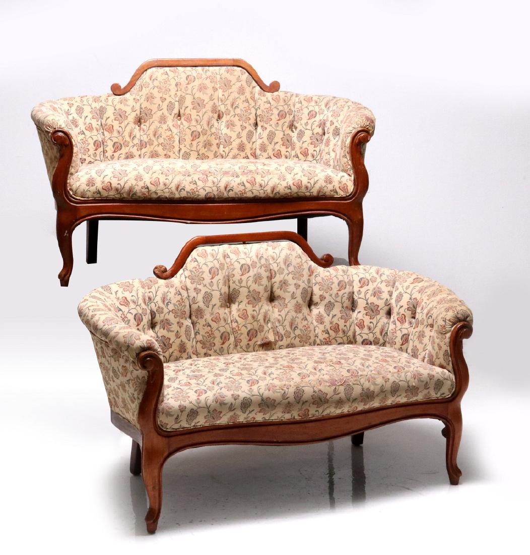 A PAIR EARLY 20TH C. CHERRY SETTEES ATTR SANTA FE: Two matching settees as were used in some railroad passenger dining cars. This pair was consigned by the family of a Santa Fe Railroad employee who identified them as having come from a Santa Fe car.