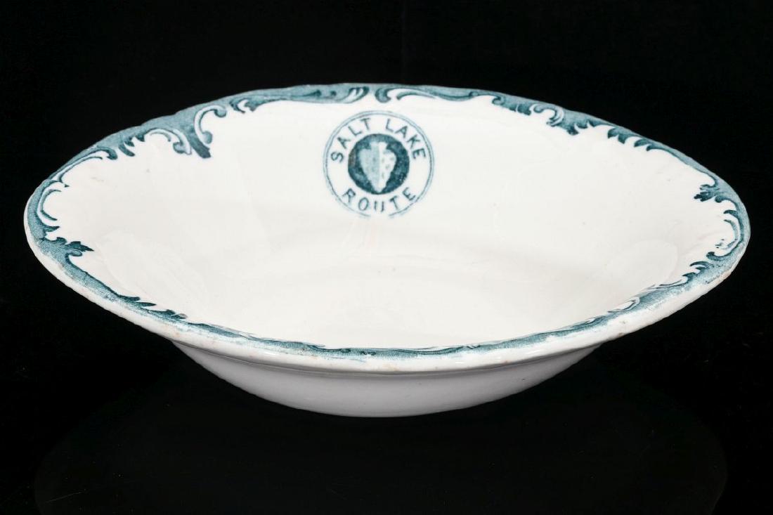 SALT LAKE ROUTE RR OVAL DISH WITH LOGO: Salt Lake Route oval dish in Harriman Blue pattern with front logo, back stamped Vitreous, John Maddock & Son England, Parmelee-Dohrmaninco, Los Angeles, Cal. Measures 1.5 x 7.25 x 5.5 inches. We happ