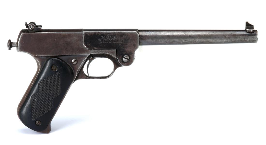 J. STEVENS MODEL 10 SINGLE SHOT .22: J. Stevens .22 10 (serial #:2347) Manufactured 1919-1933. Front blade sight and adjustable rear sight, plastic checkered grips, manual cocking single shot break action design. Measures 8 inch barrel, 