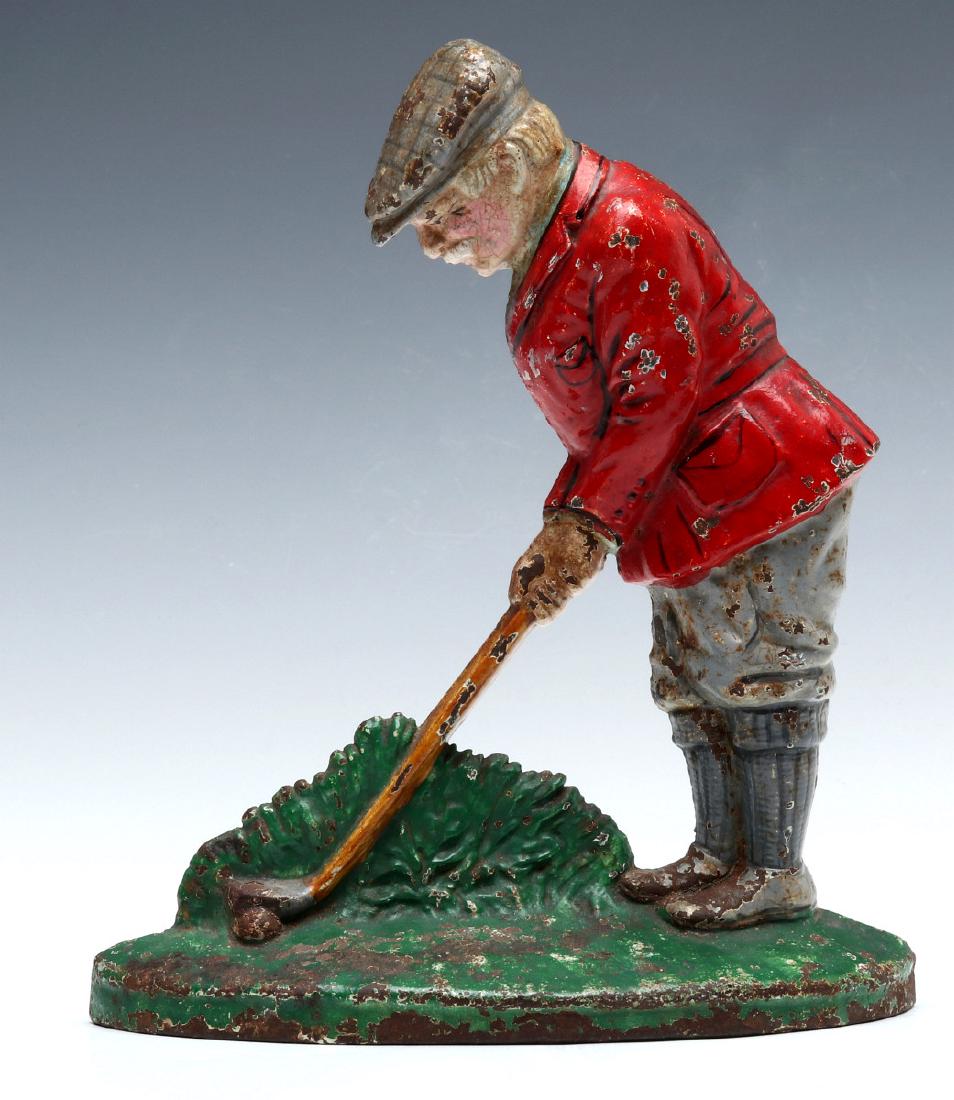 A HUBLEY PUTTING GOLFER CAST IRON DOORSTOP #34: A single-sided polychrome doorstop, marked 34 on the back. Measures 8.75 x 7 x 2 inches. We happily provide seamless in-house packing and shipping services on nearly everything we sell.