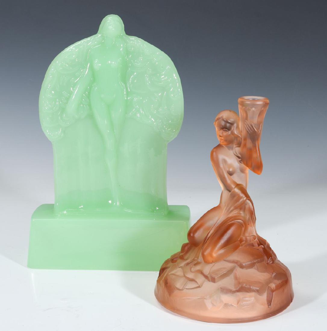 TWO ART DECO ART GLASS LAMP BASES WITH NUDES: A circa 1930, Walther & Sohne Art Deco pressed glass lamp base, peach satin glass with a nude, unsigned. And a Frankart Art Deco lamp with Sally Rand performing her burlesque feather dance, jadeite gr
