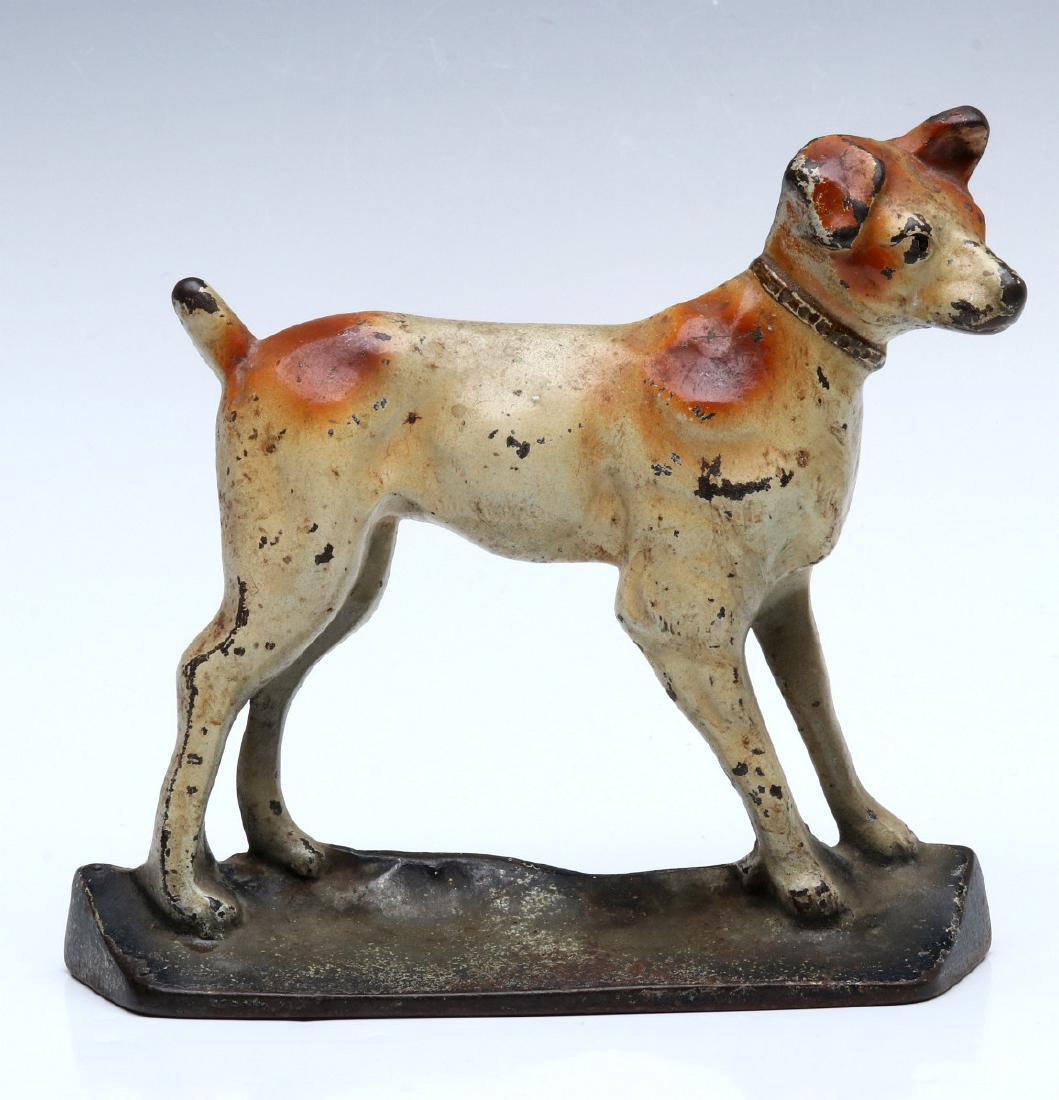 A CREATIONS CO. TERRIER CAST IRON DOORSTOP C. 1930: A three-dimensional Terrier in tan and white, two single-sided, unsigned. Measures 7 x 7 x 1.75 inches. We happily provide seamless in-house packing and shipping services on nearly everything we sell.
