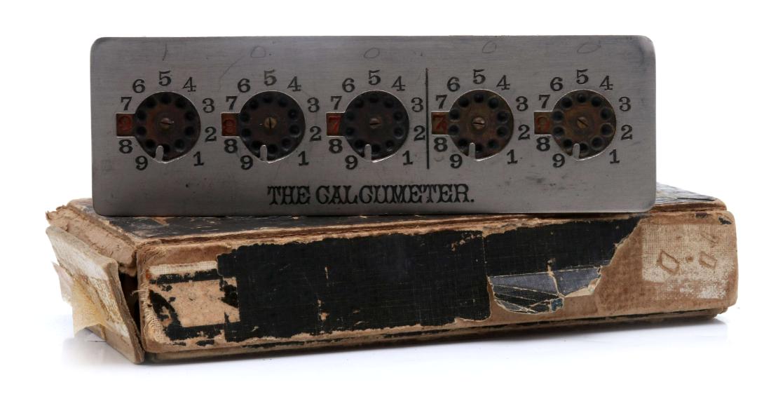 A 'CALCUMETER' MECHANICAL ADDING MACHINE, C. 1901: The steel frame machine with eight brass wheels, signed 'Calcumeter' on the front, marked H.N. Morse on the side, patent dated 1901, with original box. Measures 6.5 x 2 x .75 inches plus box. We happi