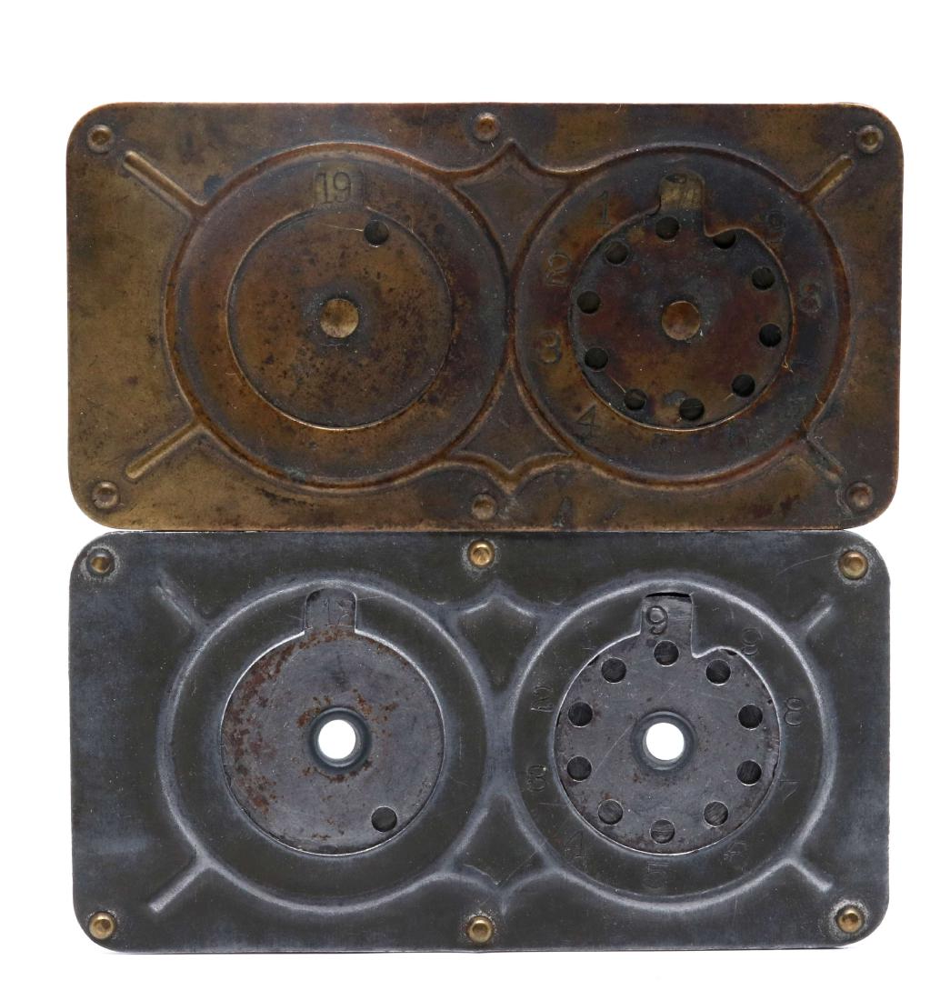TWO STEPHENSON'S POCKET ADDERS CIRCA 1873: A pair of antique pocket-sized adding machines meant to be operated with a pen, pencil or a stylus, one brass and one nickel-plated, brass example signed 'A.M. Stephenson, Mfr., Joliet, IL Agents Want