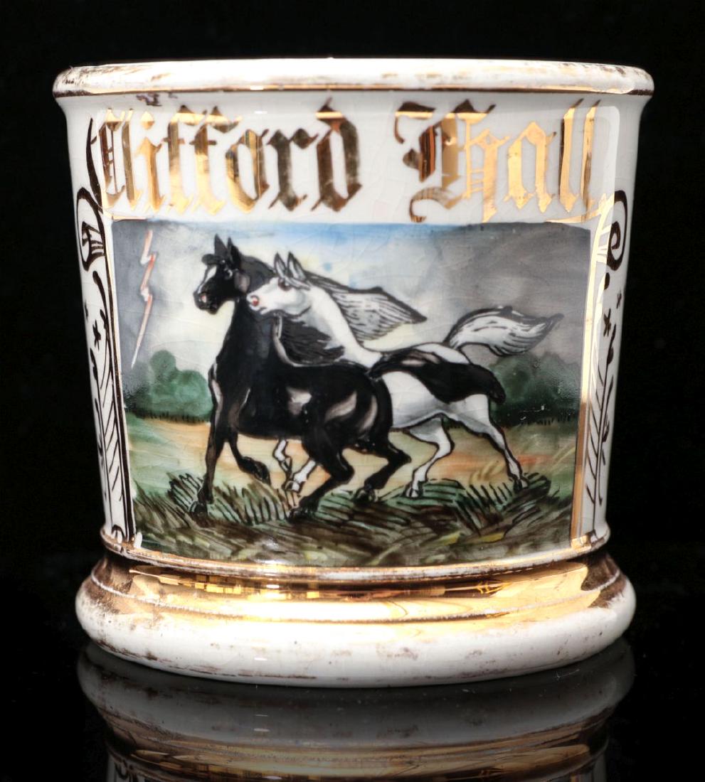 AN ANTIQUE SHAVING MUG WITH THUNDER AND LIGHTNING: A popular motif at the turn of the last century was a matched team, one white horse, one dark pulling one's wagon or buggy, as in the popular parlor image titled Thunder and Lightning and the hand pai