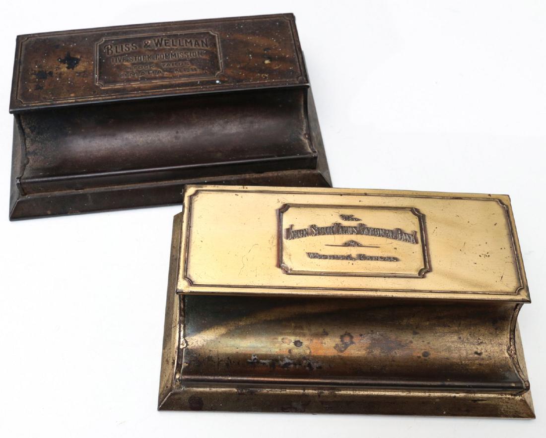LIVE STOCK COMMISSION & STOCK YARD BANK DESK TRAYS: Desk pen trays with lift top, the interior of one with calendar for 1922 and dividers for clips, etc. One for Unuin Stock T=Yards National Bank Wichita Kansas and the other for Bliss and Wellman Live 