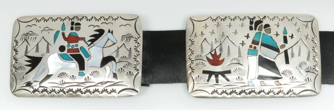 BENSON BOYD INLAID SILVER STORY TELLER CONCHO BELT: An amazing inlaid sterling silver story-teller concho belt created by Navajo silversmith Benson Boyd, Each of the ten sterling silver conchos inlaid with coral, turquoise, onyx and shell depicts a sce