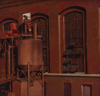 JOSEPH LORUSSO (Born 1966) OIL ON ARTIST'S BOARD: An untitled Industrial Scene. Late 20th century. A gritty study of an industrial complex at night with shadows, attributed verso. Work measures 11.25 x 12, frame is 16 x 16.75 inches. We happily provi