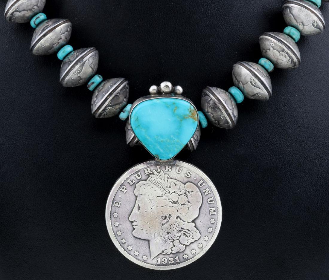 A NAVAJO NECKLACE: DOMED SILVER DIMES W/ TURQUOISE (1 of 10)