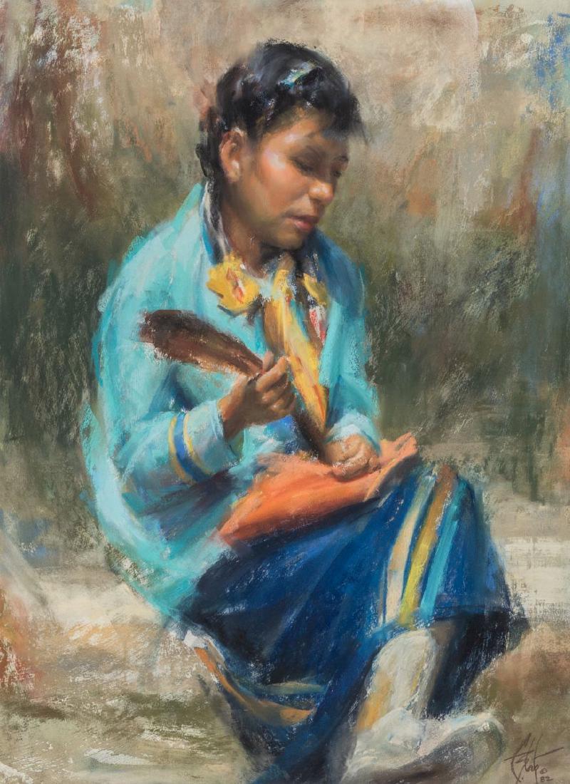 TIMOTHY E STORTZ (BORN 1952) PASTEL ON PAPER: Timothy E Stortz (Born 1952) Feathered Dancer 1982 Signed lower right, titled 'Feather Dancer' and dated 11/1982 by the gallery label verso. Measures 18 x 24 inches, frame is 23 x 17 inches. We happil