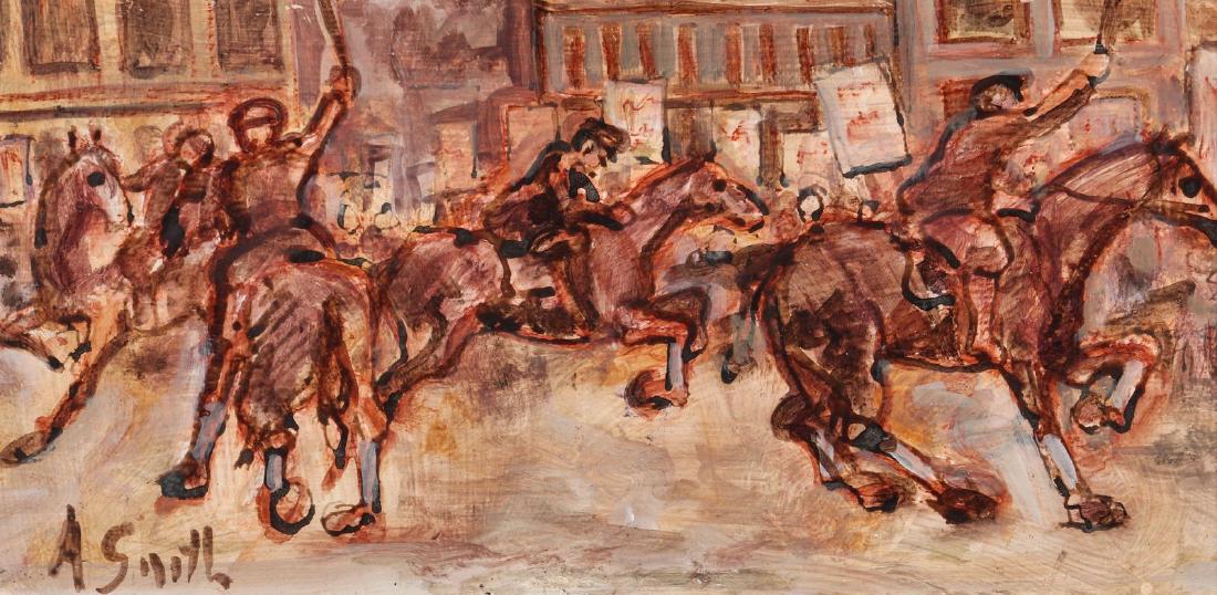 ARTHUR SMITH (1897 - 1972) OIL ON PANEL: Arthur Smith Untitled: Riot, Revolution, Figures on Horseback in City Streets. Late 20th century. Signed lower right. Work measures 6 x 12, frame is 9 x 15 inches. We happily provide seamless in-house