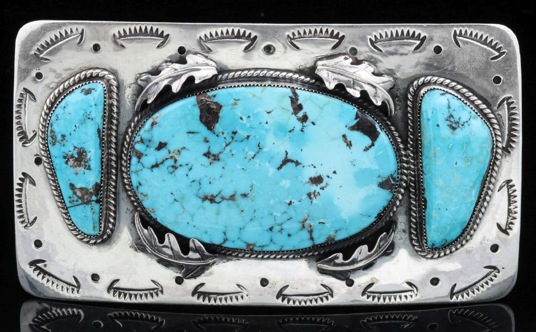 AN ARIZONA TURQUOISE NAVAJO STERLING BELT BUCKLE (1 of 6)