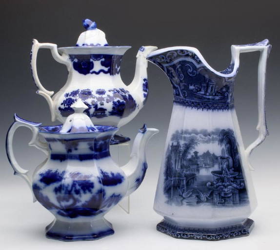 Flow Blue Teapots And Pitcher