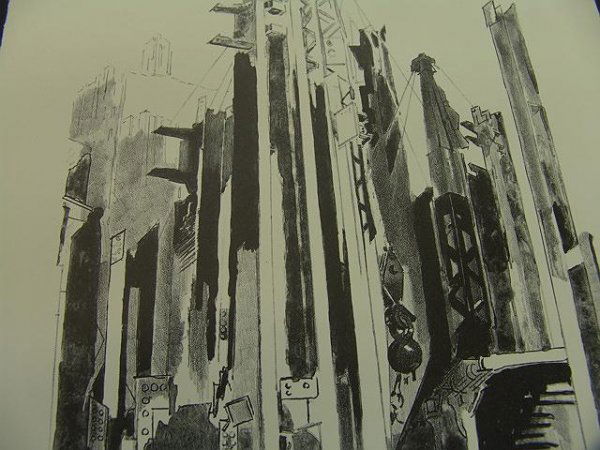 PENCIL SIGNED LITHOGRAPH BY BERTRAM GOODMAN (1904: Titled Steel Forest by Bertram Goodman (1904-1988), a listed American artist. It was printed in 1960 by Associated American Artists. Image measures 15 x 8 1/2 inches, the left and right margins measur