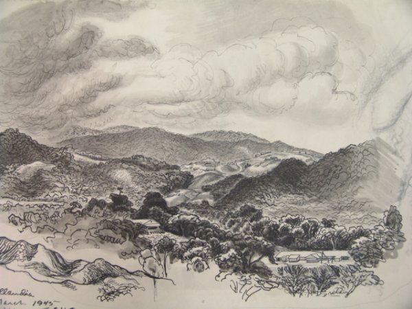 ROBERT GRAHAM INK WASH W.W.II HOLLANDIA, 1945: A work by combat artist Robert MacDonald Graham that measures 11 3/4 x 18 inches.