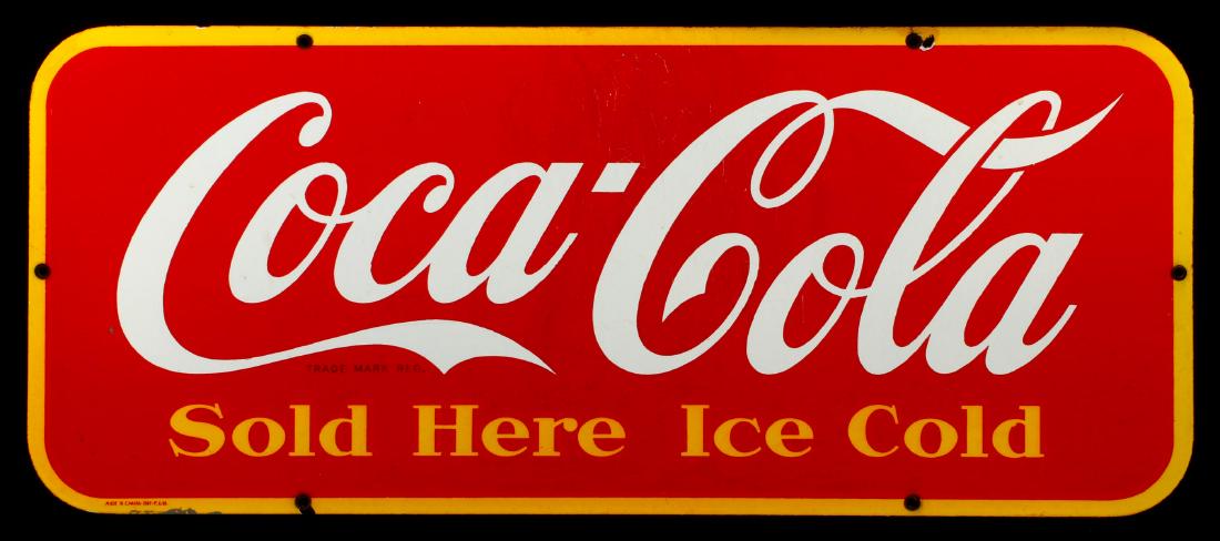 A 1947 COCA-COLA PORCELAIN DOOR KICK SIGN, CANADA: Three color printing, signed lower left P.&M. 'Made in Canada' and dated 1947, similar to Petretti number PPC015. Measures 12.25 x 29.25 inches. We happily provide seamless in-house packing and shippi