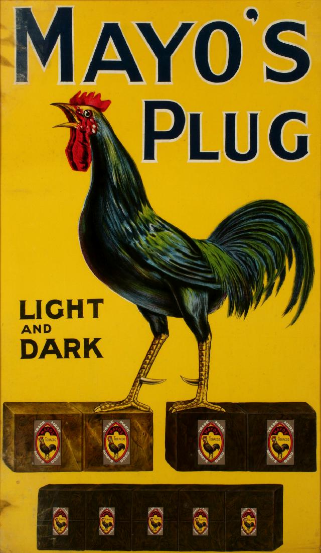A MAYO'S CUT PLUG ADVERTISING LITHOGRAPH ON LINEN: The framed linen poster printed with lettering and graphics for Mayo's Plug Light and Dark chewing tobacco, circa 1890. Frame measures 29.5 x 18 inches. We happily provide seamless in-house packing an