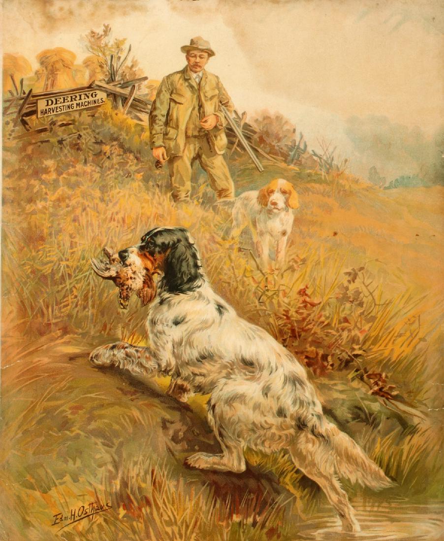 DEERING HARVESTERS POSTER AFTER EDMUND H. OSTHAUS: The polychrome lithograph picturing a hunter with two bird dogs, the illustration signed Edmund Henry Osthaus in the image lower left, illustrated sign on the fence reads DEERING HARVESTING MACHINES.