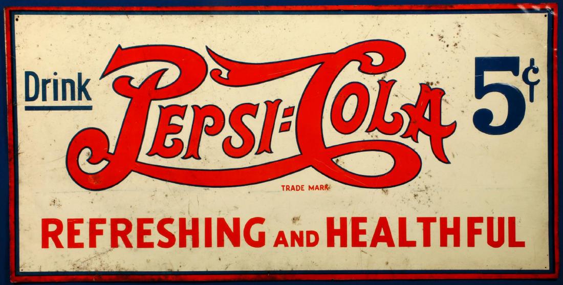 A PEPSI-COLA 5 CENT TIN LITHO SIGN CIRCA 1939: A 1930s three-color tin sign 'Drink Pepsi-Cola 5 Cents,' REFRESHING AND HEALTHFUL, slightly embossed, matted, no frame. Measures 11.25 x 23 inches plus mat. We happily provide seamless in-house packin