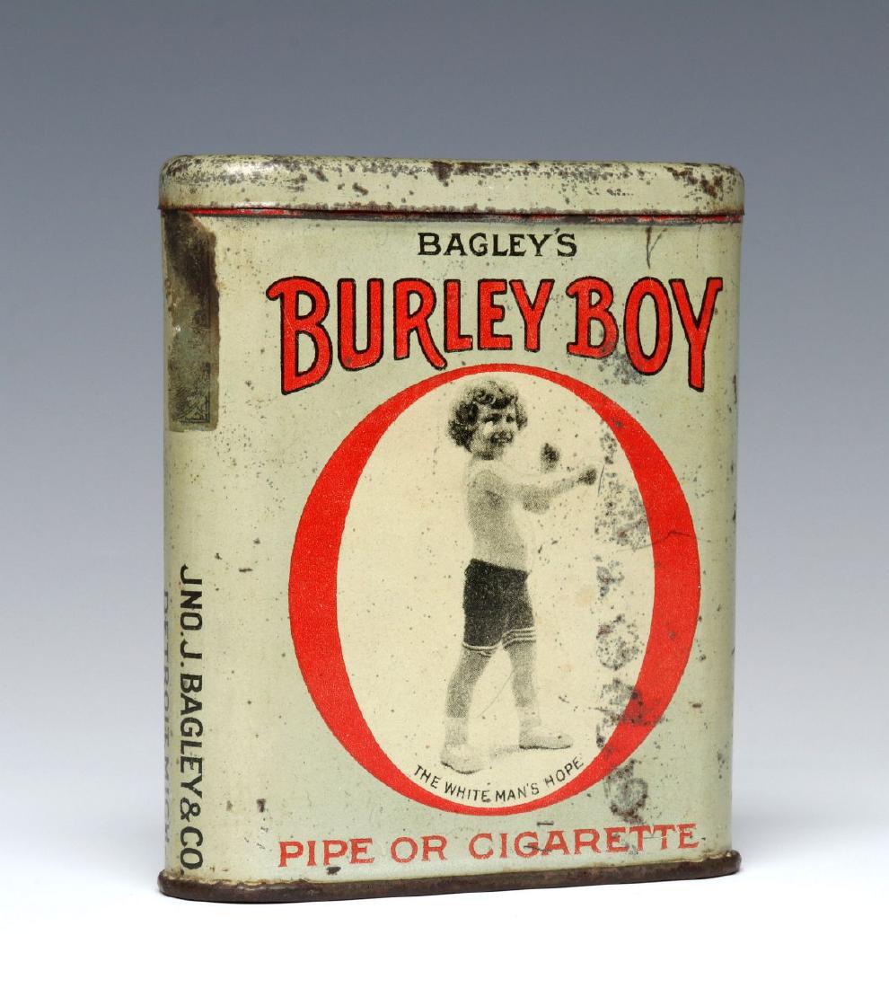 A RARE 'BURLEY BOY' BAGLEY CO. POCKET TOBACCO TIN: A scarce tobacco pocket tin for Bagley Co. 'Burley Boy' brand, four-color tin litho, the design centered by a photographic image of a child boxer, THE WHITE MAN'S HOPE. Measures 4 x 3.5 inches. We hap
