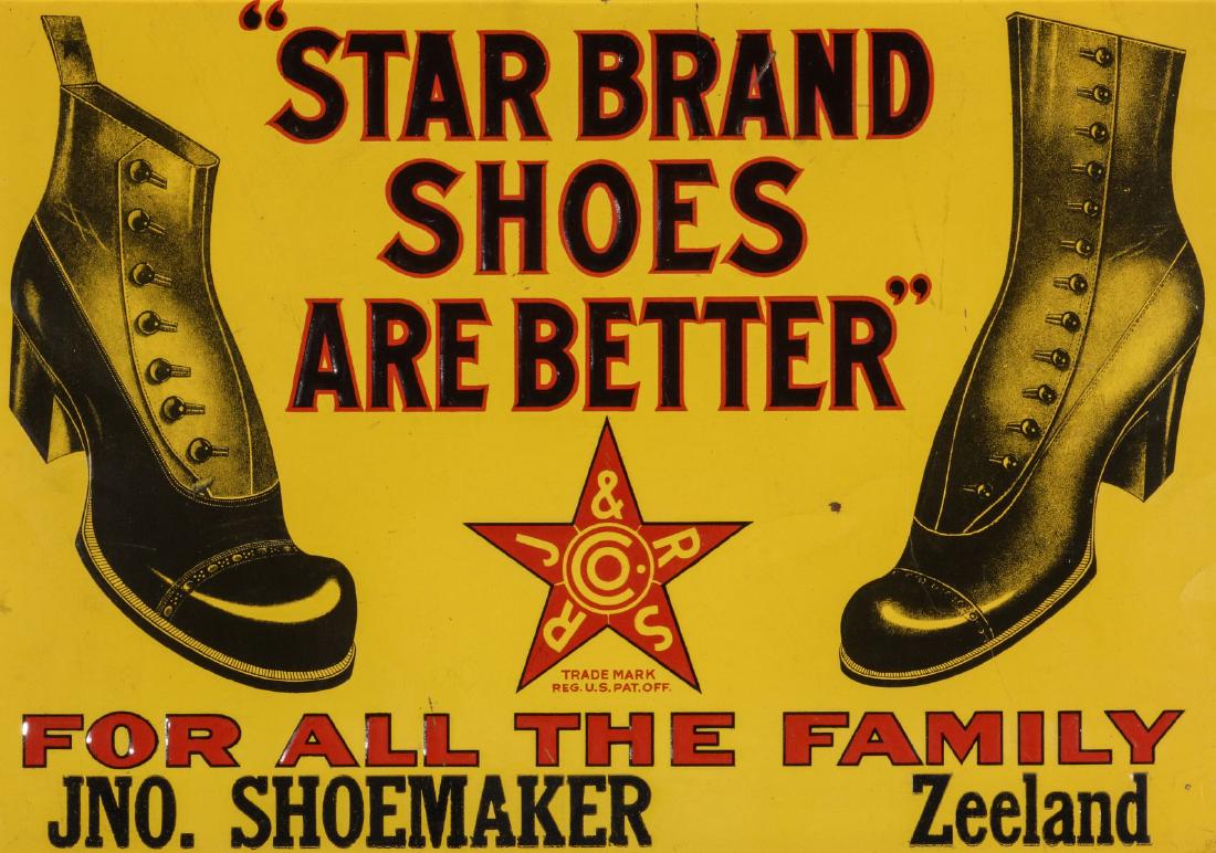 STAR BRAND SHOES TIN LITHO ADVERTISING SIGN C 1900: The embossed tin lithograph sign with examples of mens and ladies shoes - STAR BRAND SHOES ARE BETTER FOR ALL THE FAMILY, JNO. SHOEMAKER, Zeeland; Roberts, Johnson and Rand Shoe Company star logo. Mea