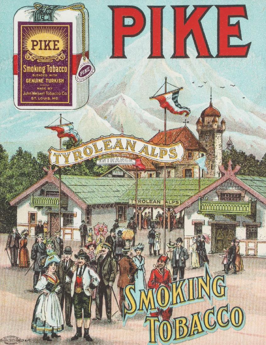 A PIKE BRAND SMOKING TOBACCO ADVERTISING POSTER: The multi-color lithograph of Tyrolean Alps theme for Pike Smoking Tobacco, John Weisert Tobacco Co., St. Louis, MO., Cincinnati Allied Printing union logo lower left corner. Measures 10 x 8 inches. P