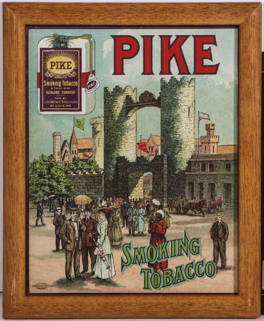 A RARE PIKE SMOKING TOBACCO ADVERTISING SIGN: The lithograph image of an Irish Village, Pike Smoking Tobacco, John Weisert Tobacco Co., St. Louis, MO., Cincinnati Allied Printing union logo lower left corner. Measures 11 x 9 inches. We happily pr