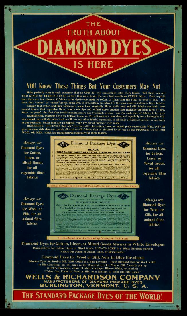 A DIAMOND DYES CABINET SIGN: The circa 1910 four-color double sided sign with instructions for selling and displaying Diamond Dyes, meant to be mounted on the retailer's side of the display cabinet, signed American Art Works, Cos