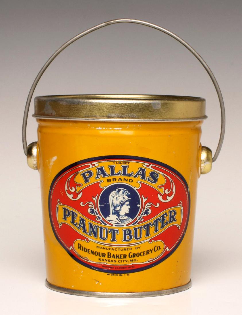 A PALLAS BRAND PEANUT BUTTER PAIL, KANSAS CITY, MO: Colorful graphic plus MANUFACTURED BY RIDENOUR BAKER GROCERY CO., KANSAS CITY, MO. Measures 4.25 x 4.25 inches. We happily provide seamless in-house packing and shipping services on nearly everything 