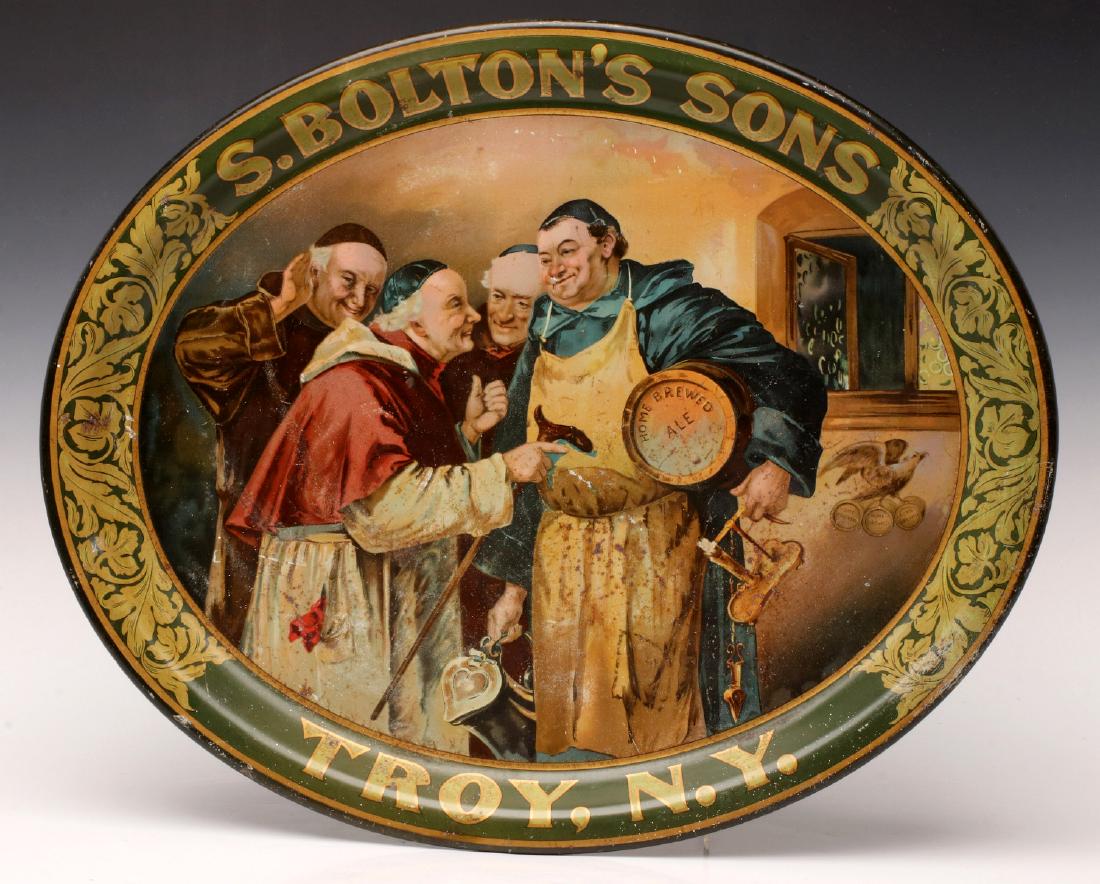 A PRE-PROHIBITION ADVTG TRAY FOR BOLTON'S BREWERY: The oval tray picturing monks celebrating a small keg of beer under the arm of one and lettered HOME BREWED ALE, the brewer S. Bolton's and Sons was a Troy N.Y. brewery in business from 1880 to 1920. 