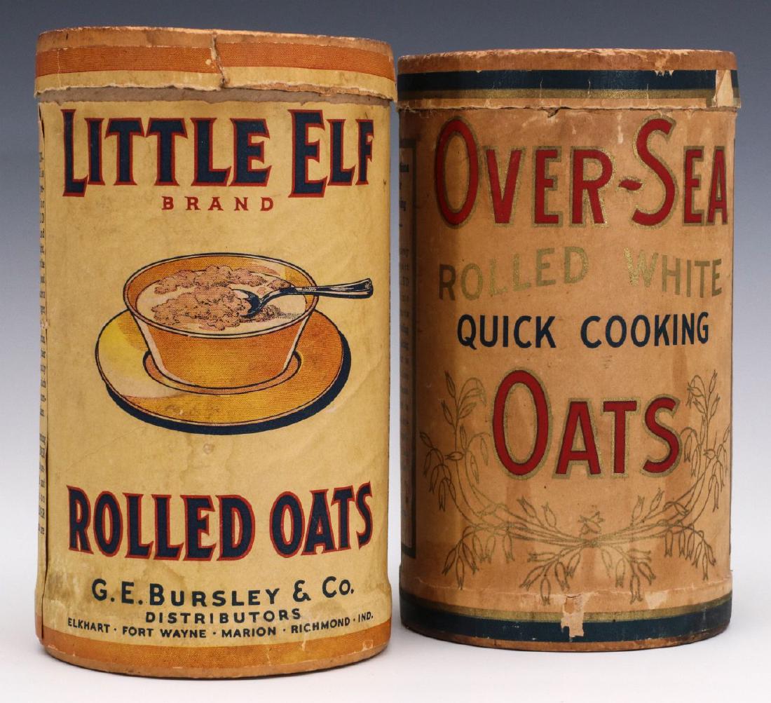 'LITTLE ELF' AND 'OVER-SEA' ROLLED OATS CONTAINERS: Little Elf brand distributed by G. E. Bursley & Co., Indiana; Over-Sea Rolled White Quick Cooking Oats dist. by Lewis-Chitty Consolidated, both the 1 lb 4 oz size. Both measure approximately 7.25 x 4.
