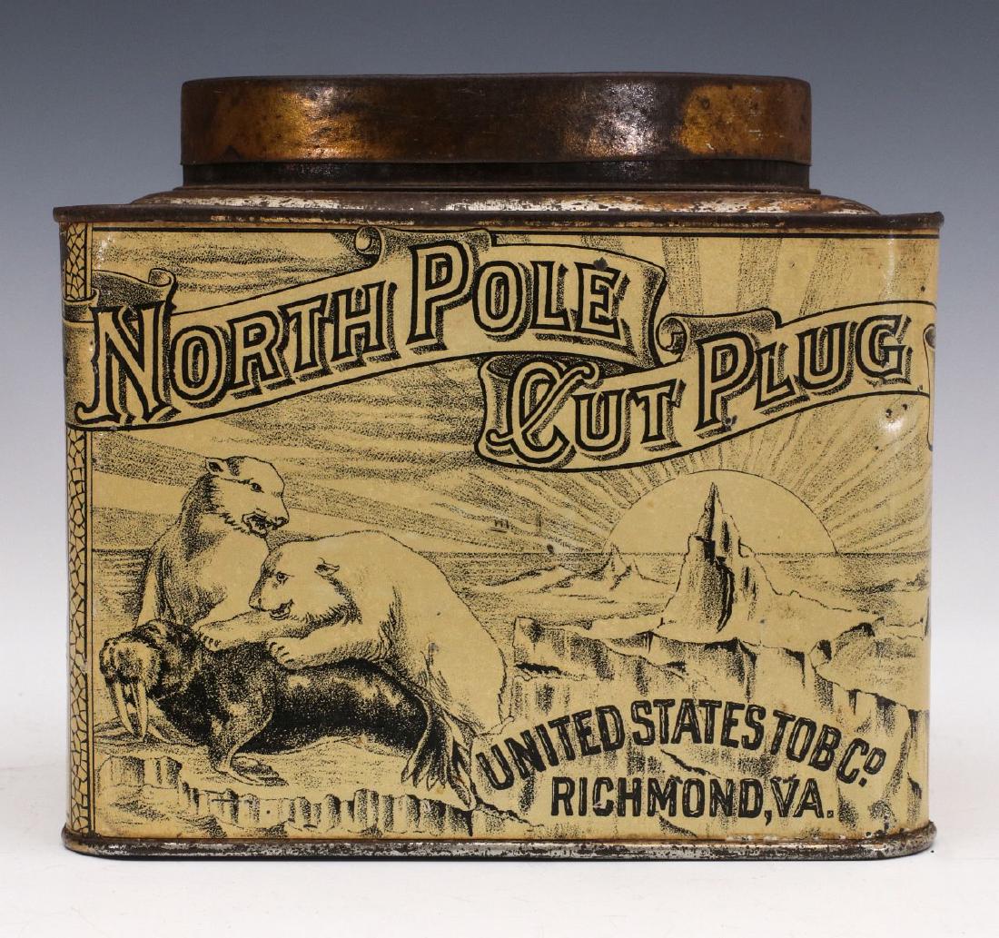 A RARE EARLY 'NORTH POLE' BRAND TOBACCO CAN C 1890: The 'North Pole' brand 1 pound plug tobacco tin for the United States Tobacco Co., rectangular can with oval opening, two-color lithograph image of polar bears on ice floes taking a walrus, Hasker & M