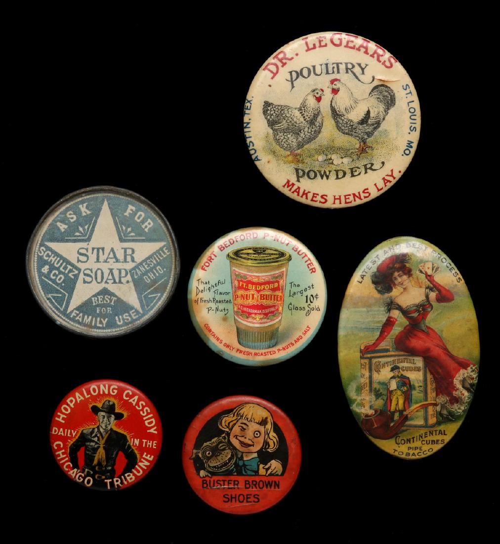 FT BEDFORD P-NUT BUTTER & OTHER 1900s ADVERTISING: A collection of circa 1900 advertising novelties includes Hopalong Cassidy and Buster Brown Shoes pin-back buttons, along with Dr. LeGears Poultry Powder, Star Soap, rare Fort Bedford P-Nut Butter, an