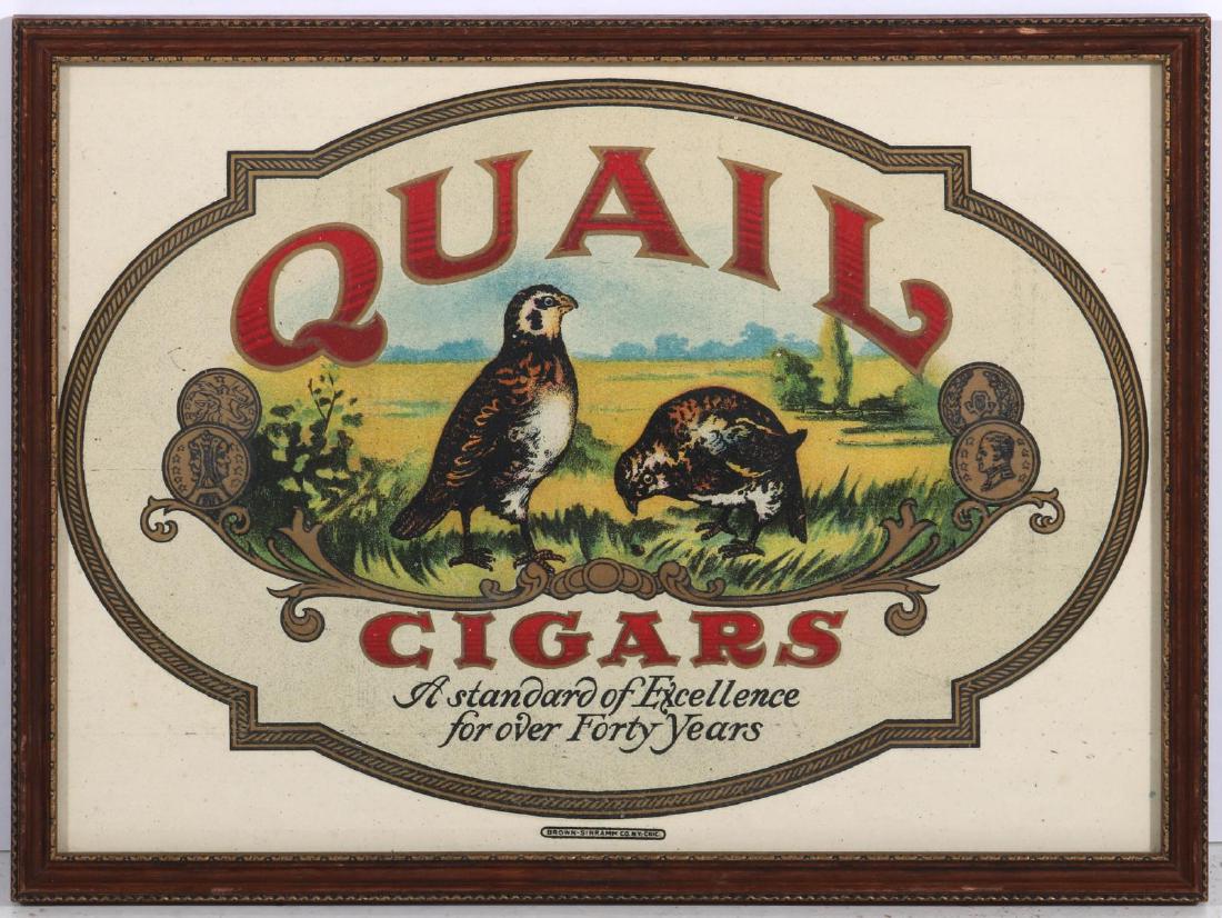 A QUAIL CIGARS LITHOGRAPH ADVERTISING SIGN C 1900: Chromolithograph advertisement for Quail Cigars 'a standard of excellence for over Forty Years,' signed Brown-Simrann Co., N.Y.-Chic. Frame measures 9.75 x 13 inches. We happily provide seamless in-ho