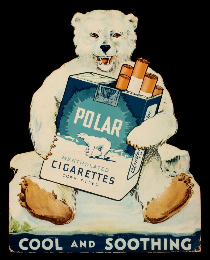 POLAR MENTHOL CIGARETTES DIE-CUT ADVERTISING SIGN: Circa 1940, a die-cut easel back counter sign, design of a Polar Bear holding a pack of cigarettes, reads POLAR MENTHOLATED CIGARETTES, COOL AND SOOTHING, by P. Lorillard Tobacco Co. Measures 17 x 13.