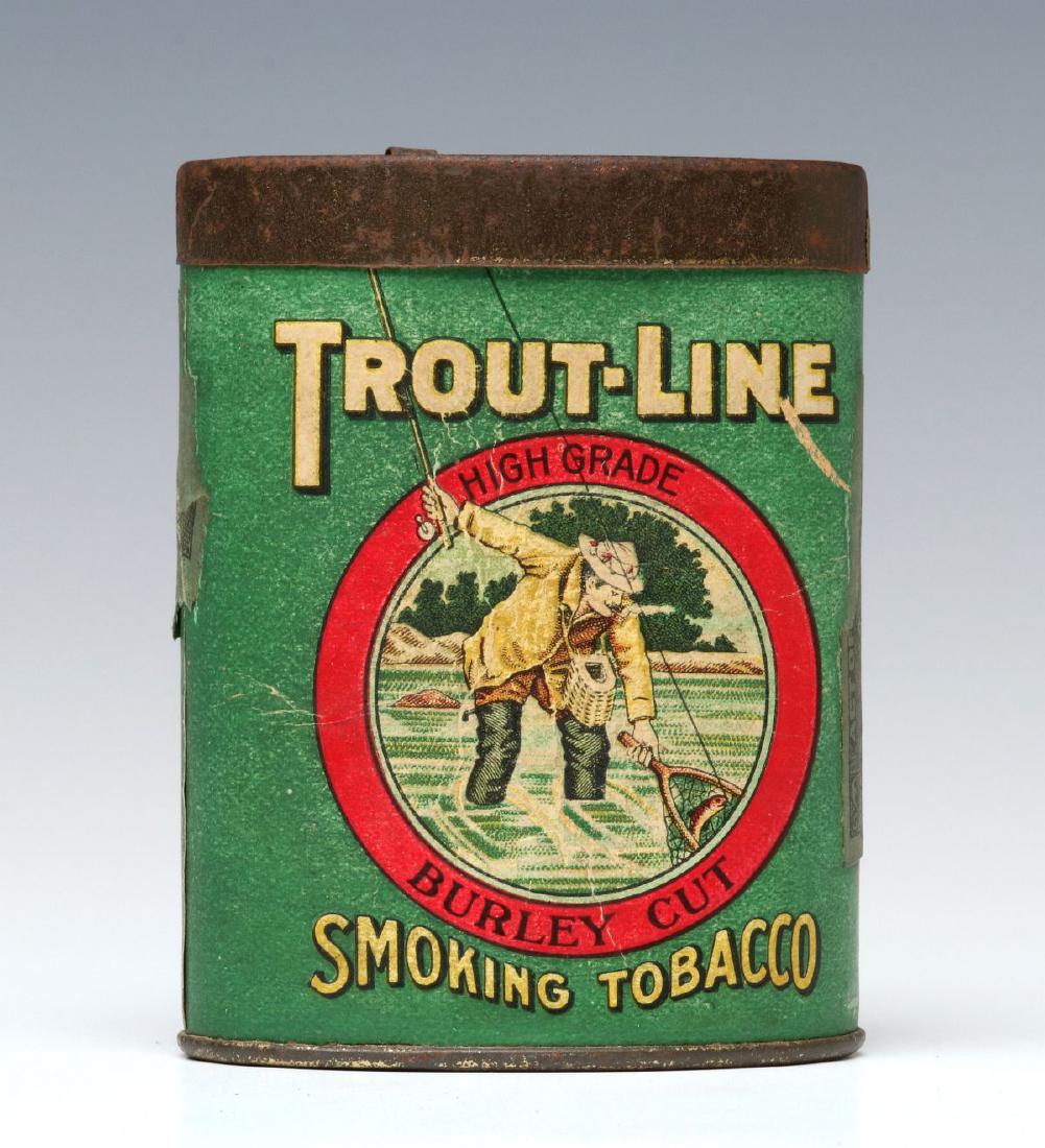 A TROUT-LINE BRAND TOBACCO CAN WITH DISPENSER TOP: An early cardboard tobacco can with tin top and base, 'Trout-Line' Smoking Tobacco, picturing a fly-fisherman on both sides, polychrome lithograph with a dispenser lid. Measures 3.25 x 2.5 inches. We 
