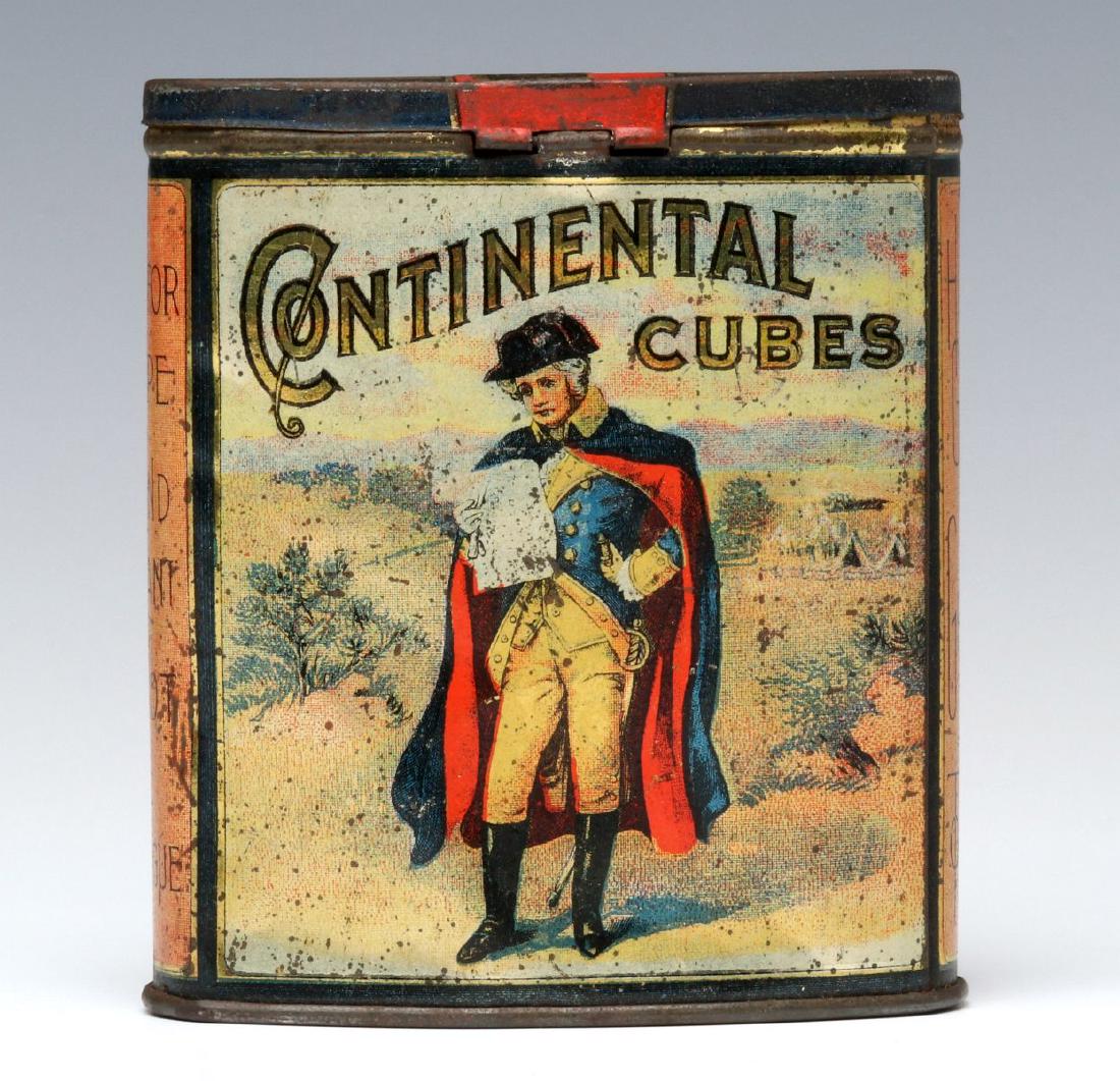 A CONTINENTAL CUBES BRAND POCKET TOBACCO TIN: The CONTINENTAL CUBES brand tobacco tin for The American Tobacco Co., illustrated portrait of George Washington on both sides, polychrome lithographed tin with hinged lid. Measures 3.75 x 3.25 inches.