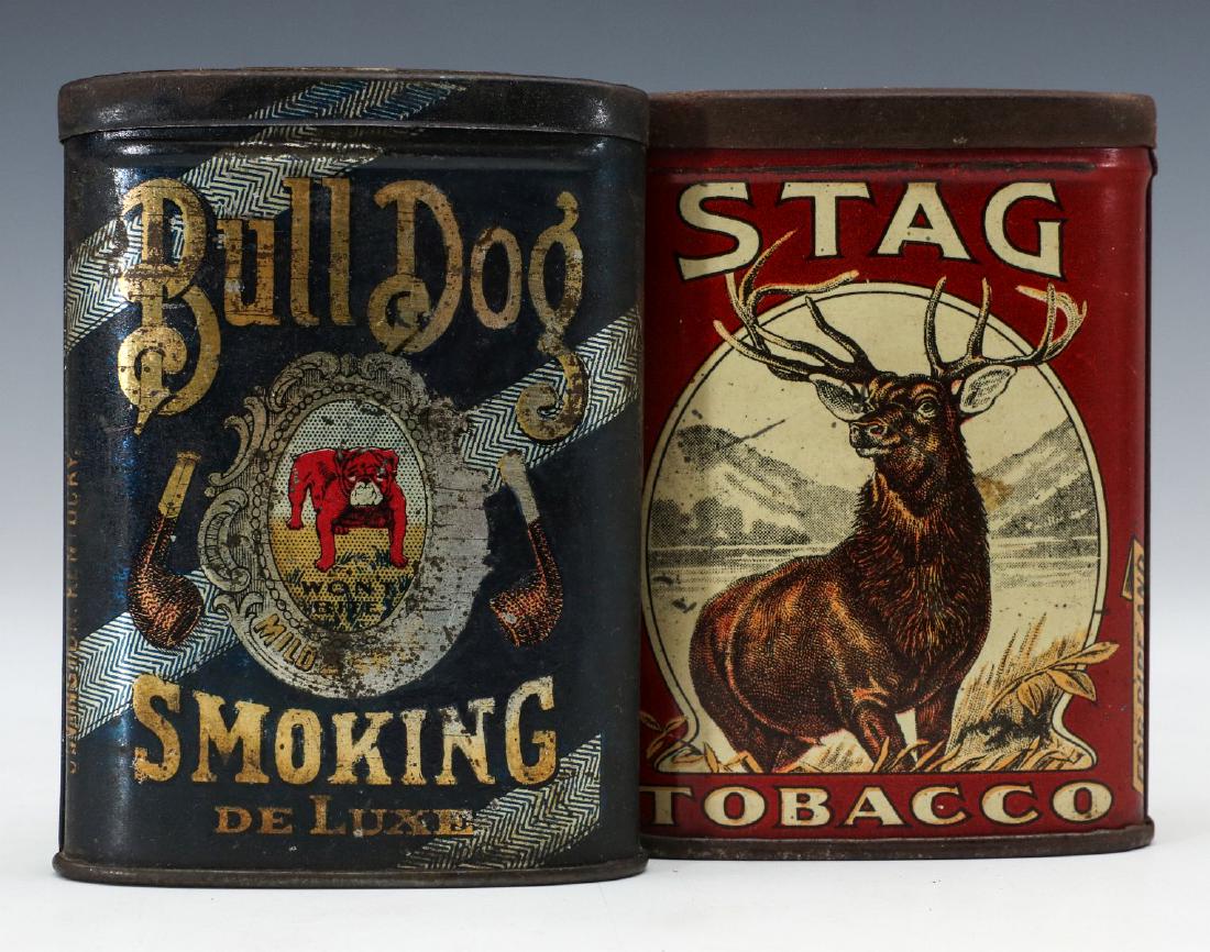 BULL DOG AND STAG BRANDS TOBACCO POCKET TINS: A pocket tin for BULL DOG SMOKING DELUXE brand tobacco by Lovell & Buffington, illustrated with a bulldog logo on both sides, polychrome tin litho with hinged lid. And a pocket tin for STAG brand toba