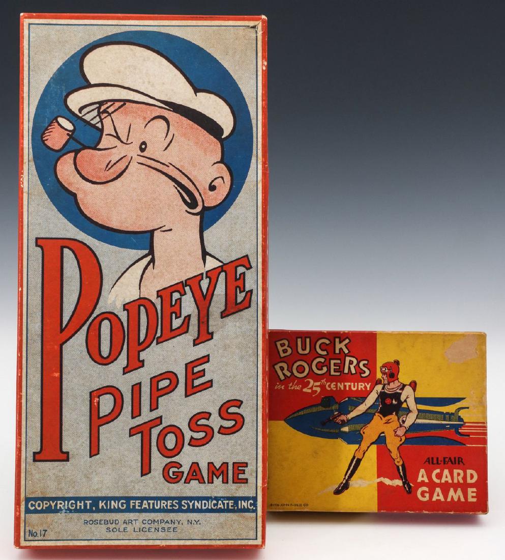 POPEYE AND BUCK ROGERS GAMES CIRCA 1935: A King Features Syndicate Popeye Pipe Toss Game, copyright 1935. And John G. Dille Co., Buck Rogers in the 25th Century card game, copyright 1936. Boxes measure 4 x 5 inches and 11 x 5 inches. We happ