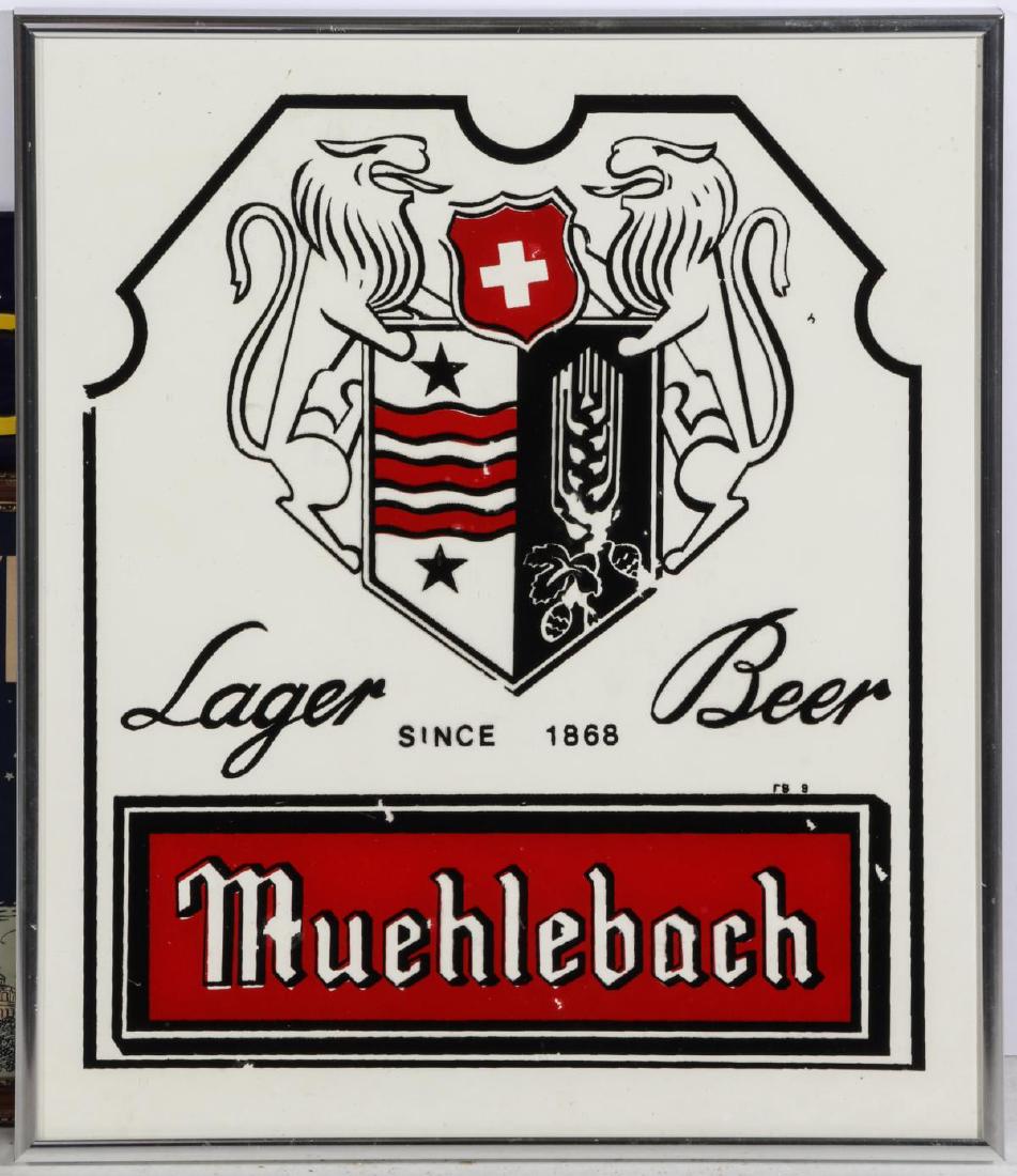 A MUEHLEBACH BEER REVERSE PAINTED ADVERTISING SIGN: Reverse painted red and black Muehlebach logo with 'Lager Beer since 1868,' circa mid-20th century. Measures 14 x 12.25 inches. We happily provide seamless in-house packing and shipping services on ne
