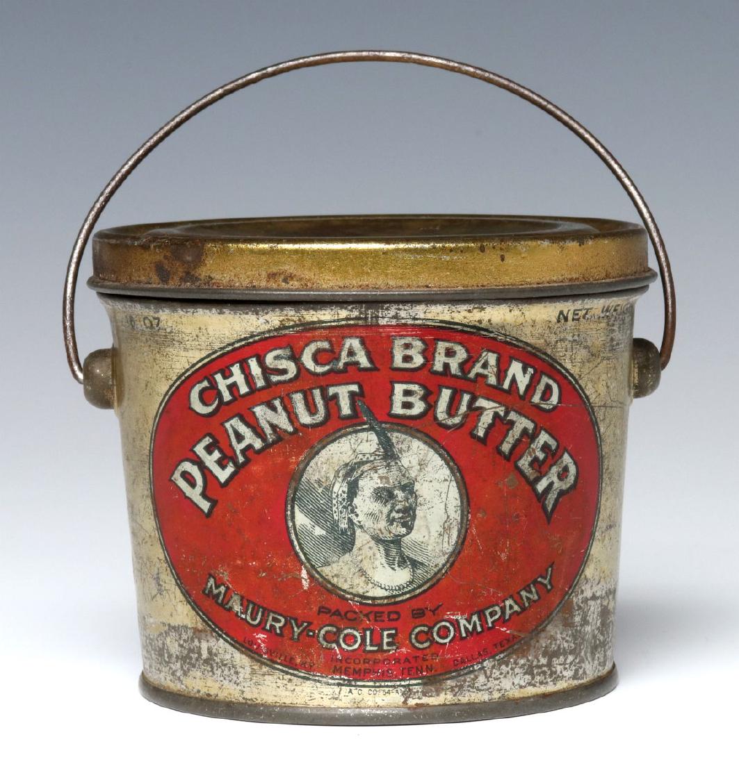 A CHISCA BRAND PEANUT BUTTER TIN LITHOGRAPH PAIL: Red, white and black litho graphic of a native American, plus PACKED BY MAURY-COLE COMPANY. Measures 3.25 x 4 inches. We happily provide seamless in-house packing and shipping services on nearly every