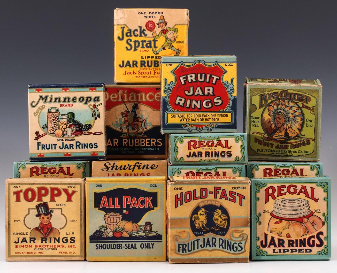 NEW OLD STOCK MINT IN COLORFUL BOX FRUIT JAR RINGS: Unused rubber fruit jar rings in their original colorful lithographed cardboard boxes, circa 1915. Good condition overall noting normal shelf wear. All with rubber rings, excluding the Jack Sprat box.