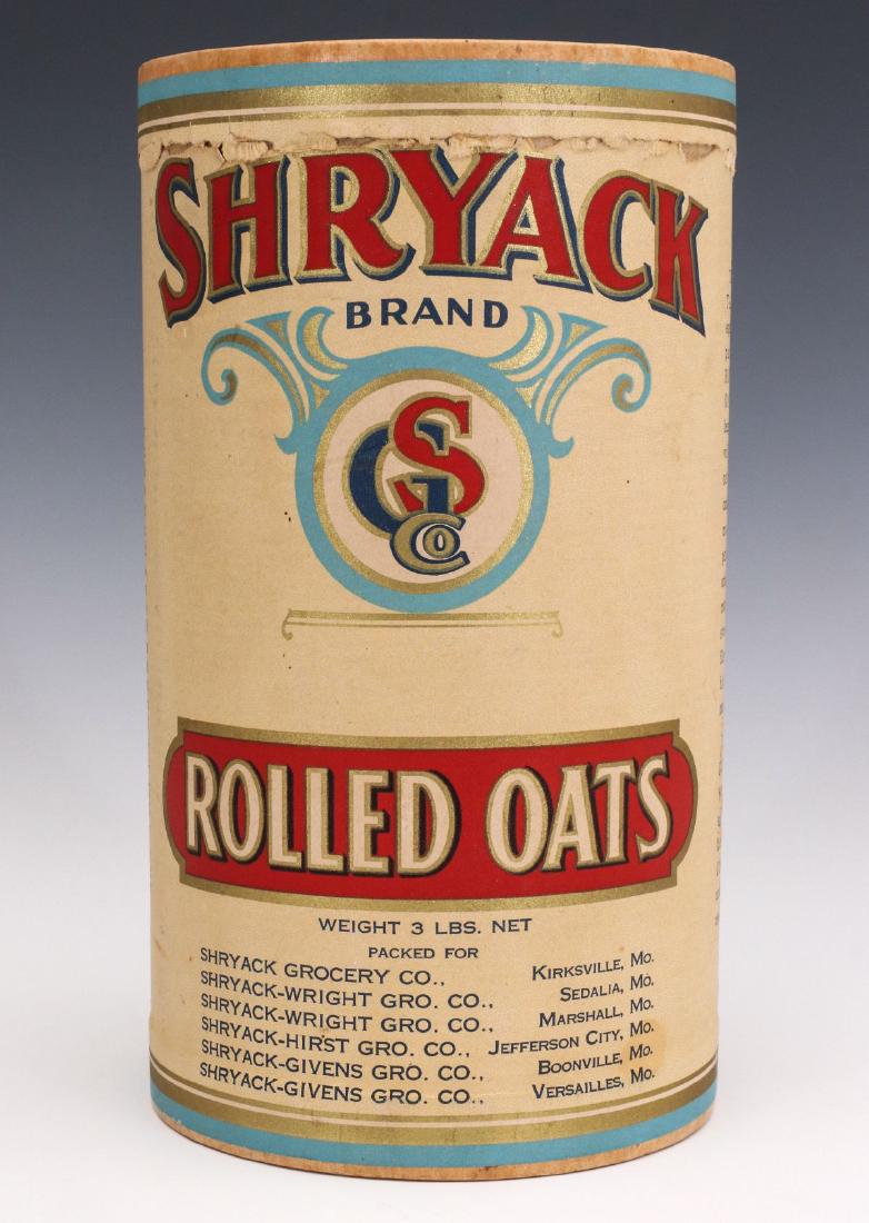 SHRYACK MISSOURI GROCERY ROLLED OATS CONTAINER: The 3 lb size with brightly colored graphics advertising their own brand packed for distributors in Kirksville, Sedalia, Marshall, Jefferson City, Boonville, and Versailles, Missouri. Measures 9.5 x 5