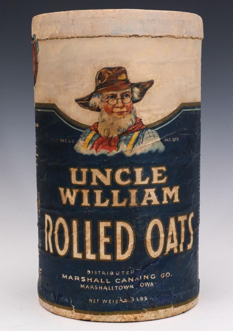 AN UNCLE WILLIAM ROLLED OATS CONTAINER CIRCA 1930: The 3 lb size with portrait of Uncle William and 'Distributed Marshall Canning Co., Marshalltown, Iowa,' active from around 1918 to 1951. Measures 9.5 x 5.5 inches. We happily provide seamless in-hous