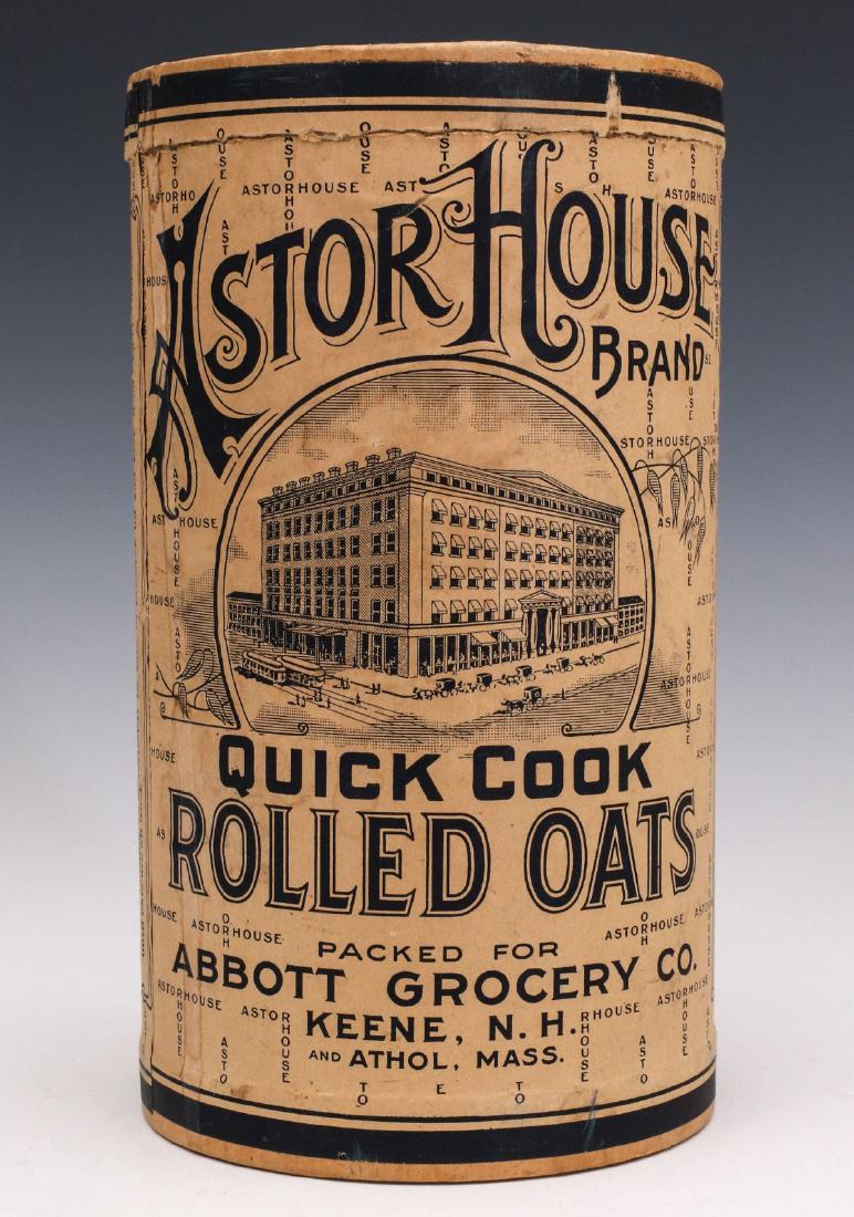 AN ASTOR HOUSE QUICK COOK ROLLED OATS CONTAINER: The 3 lb 7 oz size depicts Astor House, and lettering of 'Packed for Abbott Grocery Co.,Keene, N.H. and Athol, Mass.' Measures 9.5 x 5.25 inches. We happily provide seamless in-house packing and shipp