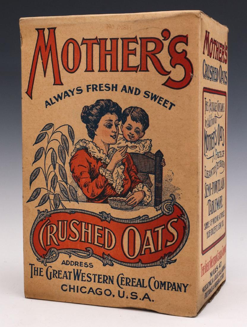 A MOTHER'S BRAND CRUSHED OATS CEREAL BOX C 1910: The red, white and blue graphic design includes a Mother feeding her young boy, 'Made by the Great Western Cereal Company Mills' at Muscatine, IA., Joliet, Ill., Akron, O., Fort Dodge, IA., Nebraska C