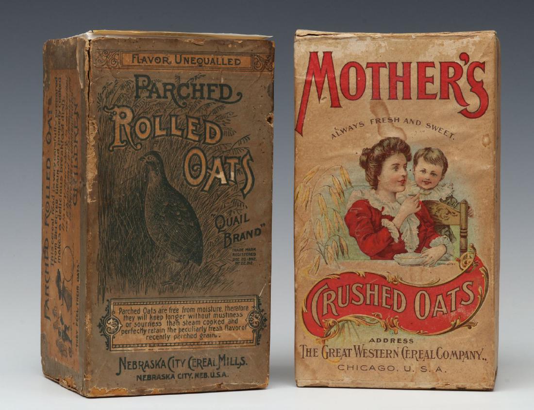 MOTHER'S CRUSHED & PARCHED ROLLED OATS CONTAINERS: A monochrome printed box for Parched Quail Brand Rolled Oats by Nebraska City Cereal Mills circa 1890s pictures an iron wood stove and children at play. Plus Mother's Crushed Oats for the Great Wester