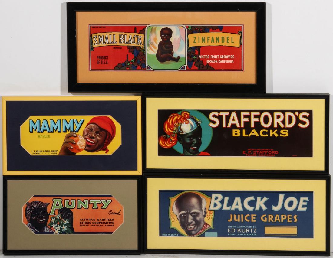 A COLLECTION OF NEW OLD STOCK ADVERTISING LABELS: Framed crate labels of African American advertising themes and subjects form an era gone by. Frames measure 6.5 x 11 inches to 7.5 x 16.5 inches. We happily provide seamless in-house packing and shipp