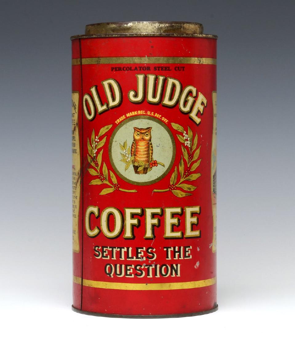 A THREE POUND 'OLD JUDGE' BRAND COFFEE CANISTER: The three pound tin coffee canister for OLD JUDGE brand coffee by David G. Evans Coffee Co., 'Old Judge Coffee Settles the Question,' five-color tin lithographed container with a small metal lid. Meas